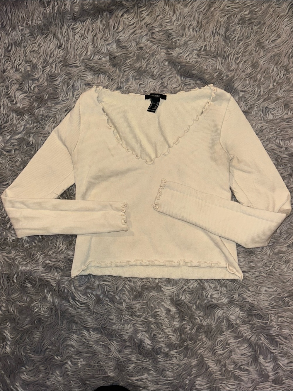 Forever 21 Cream Ruffle-Trim V-Neck Long Sleeve Top